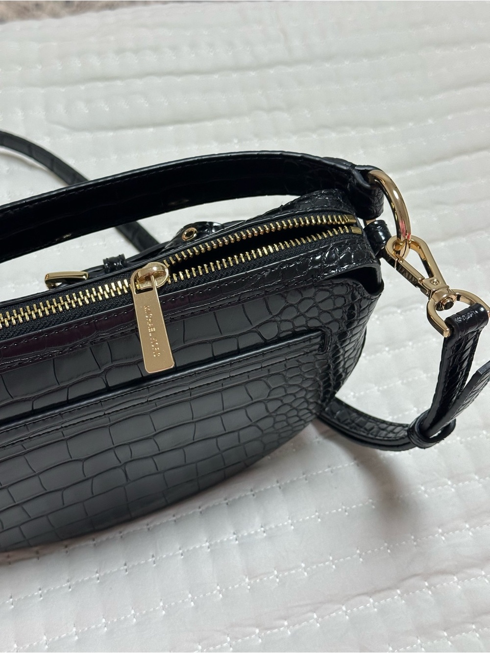 Michael Kors Black Croc-Embossed Half Moon Mini Shoulder Bag with Gold Hardware - Picture 5 of 7